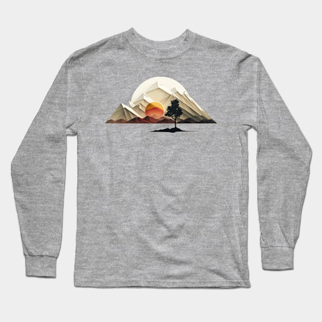 Landscape with mountains sun and tree Long Sleeve T-Shirt by KAWAIIBYHM